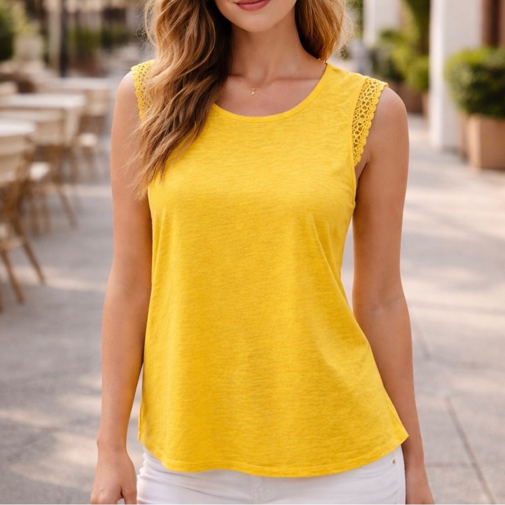 KORS Michael Kors Yellow Lace-Shoulder Tank Top